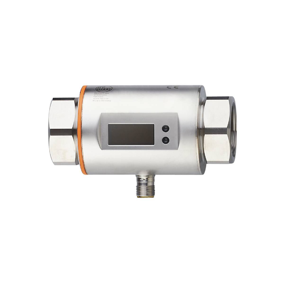 Een metalen apparaat met een digitaal display en aansluitingen aan beide zijden, waarschijnlijk bedoeld voor debietmeting in industriële toepassingen.
