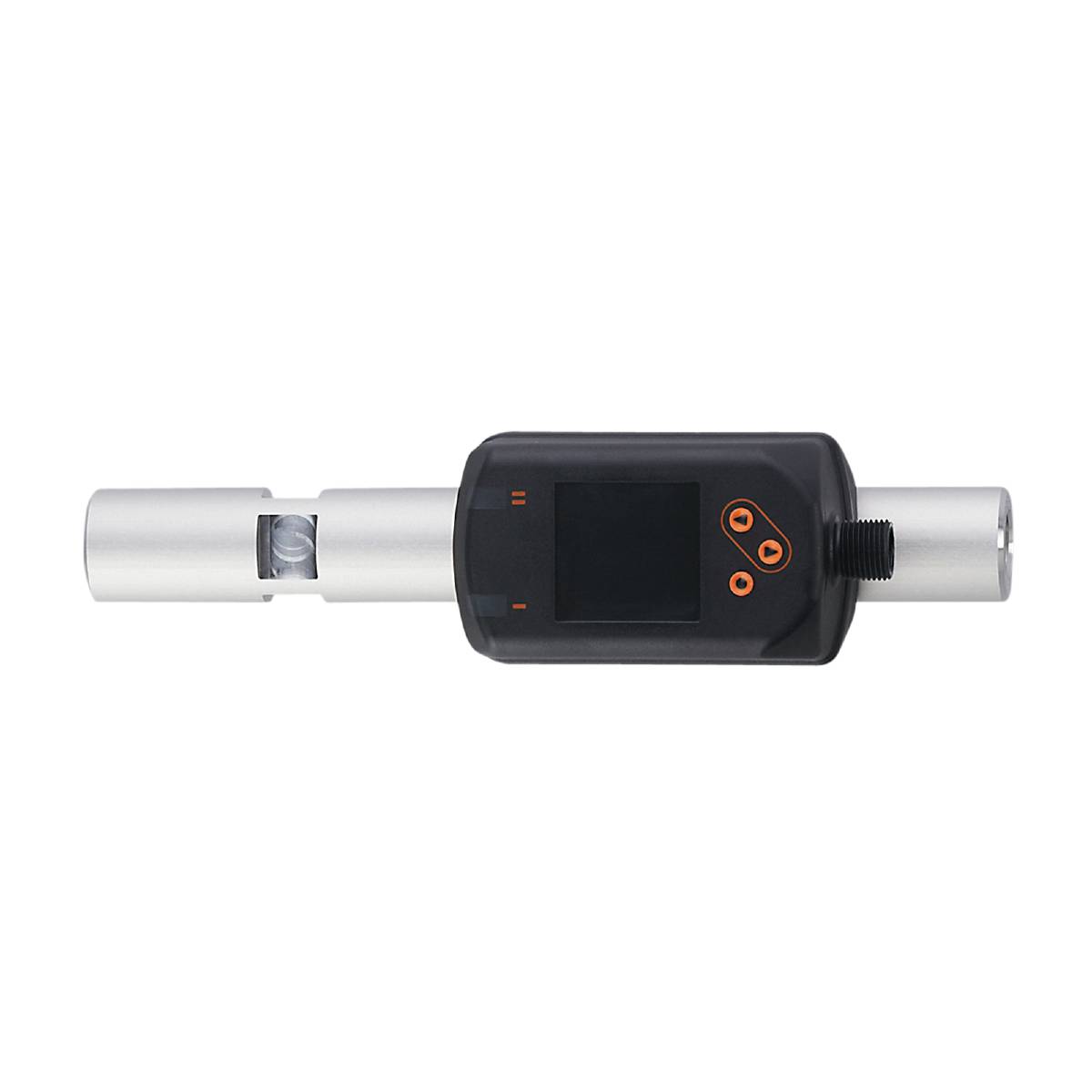 Een elektronisch apparaat met een scherm en meerdere toetsen op een zwarte achtergrond, vermoedelijk een meetinstrument of sensor.