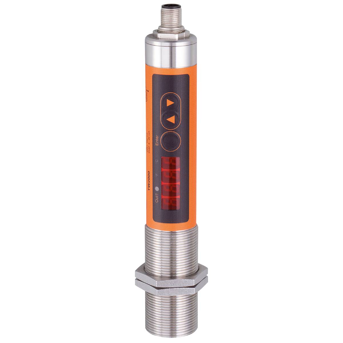 Sensor met digitaal display en bedieningstoetsen voor drukmeting. Cilindrische vorm, oranje en zilver behuizing, zwarte achtergrond.