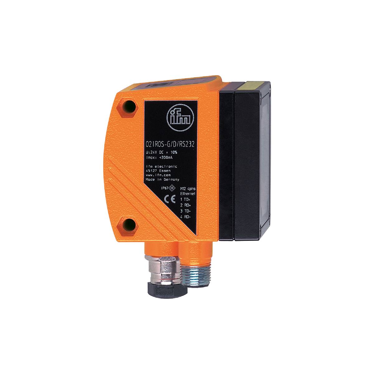 Een oranje-zwarte sensor met meerdere aansluitingen, die wordt gebruikt voor industriële automatisering. Merk 'ifm', Model O2IR05.