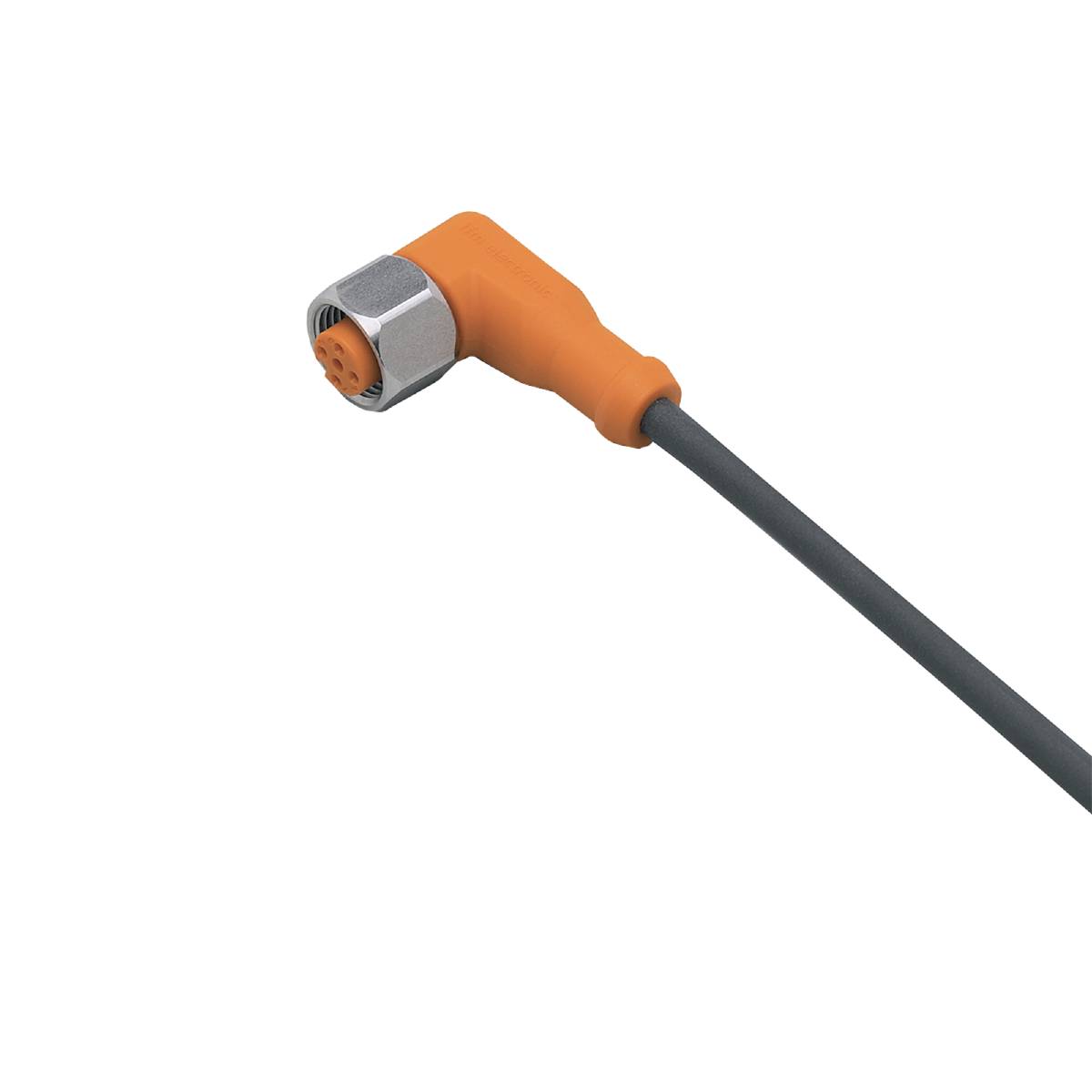 Een oranje-grijze kabel met een haaks stekeinde tegen een zwarte achtergrond.