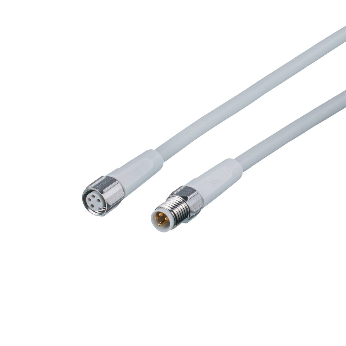Een wit kabel met twee stekkers: links een meerpolige ronde stekker met metalen contactpunten, rechts een vergelijkbare stekker met een andere configuratie.