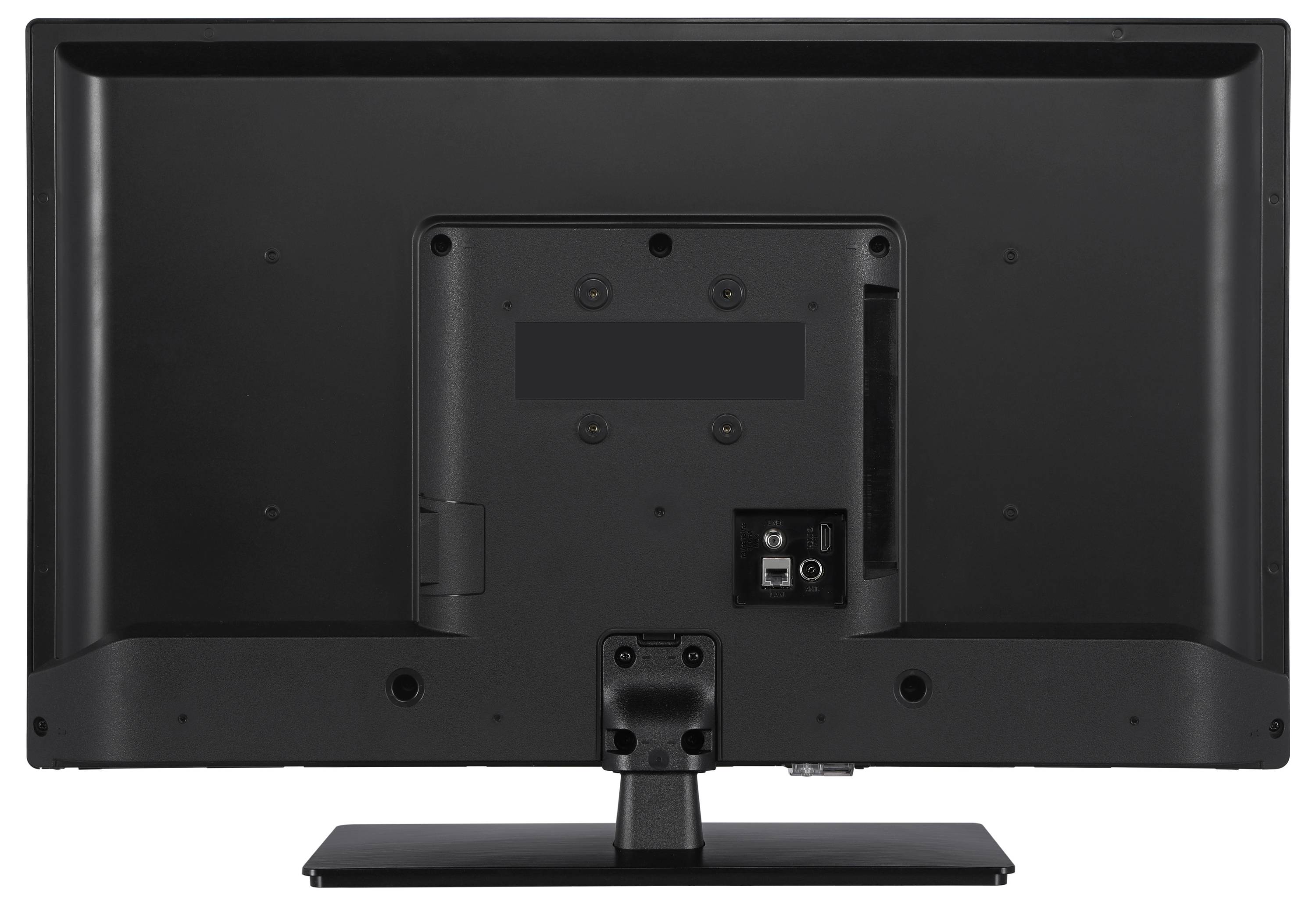 Achterkant van een zwart flatscreen-scherm met VESA-bevestigingssteun en aansluitingen voor stroom en video, staand op een tafel.