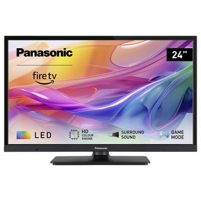 Een 24-inch Panasonic LED-televisie met Fire TV, HD-kleuren, surround sound en gamemodus. Kleurrijke, abstracte achtergrondgrafiek.