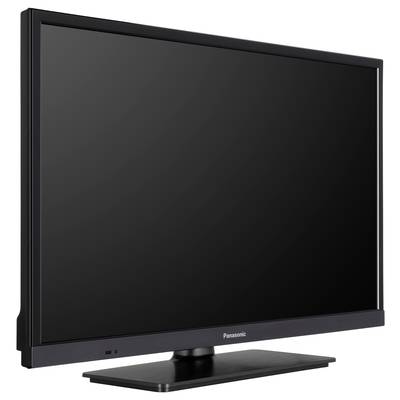 Zwarte flatscreen televisie met rechthoekig scherm en een strak, modern design, geplaatst op een platte voet.