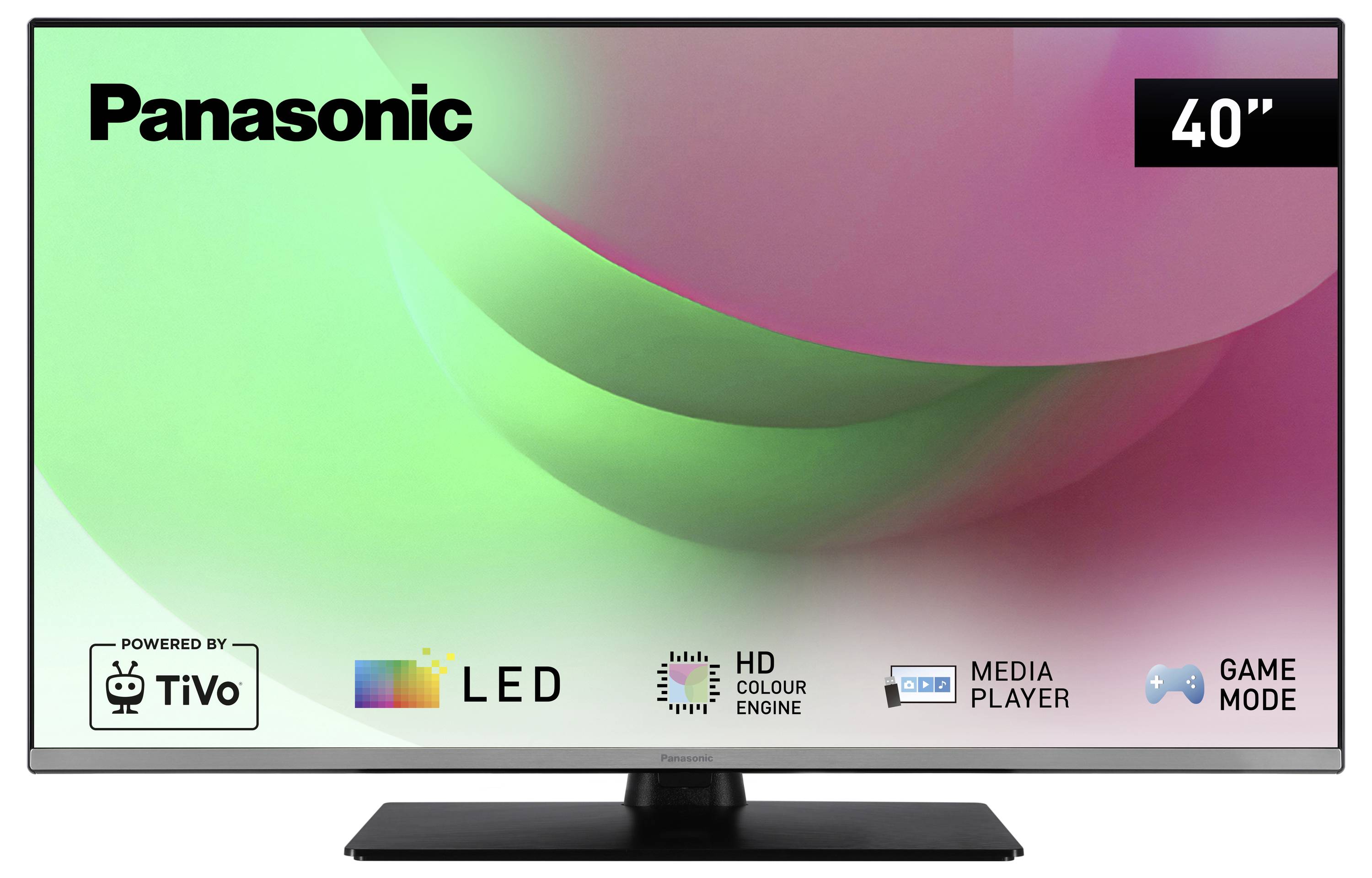 Een Panasonic televisie met de vermelding '40"', LED, HD Colour Engine, Media Player en Game Mode op het scherm.