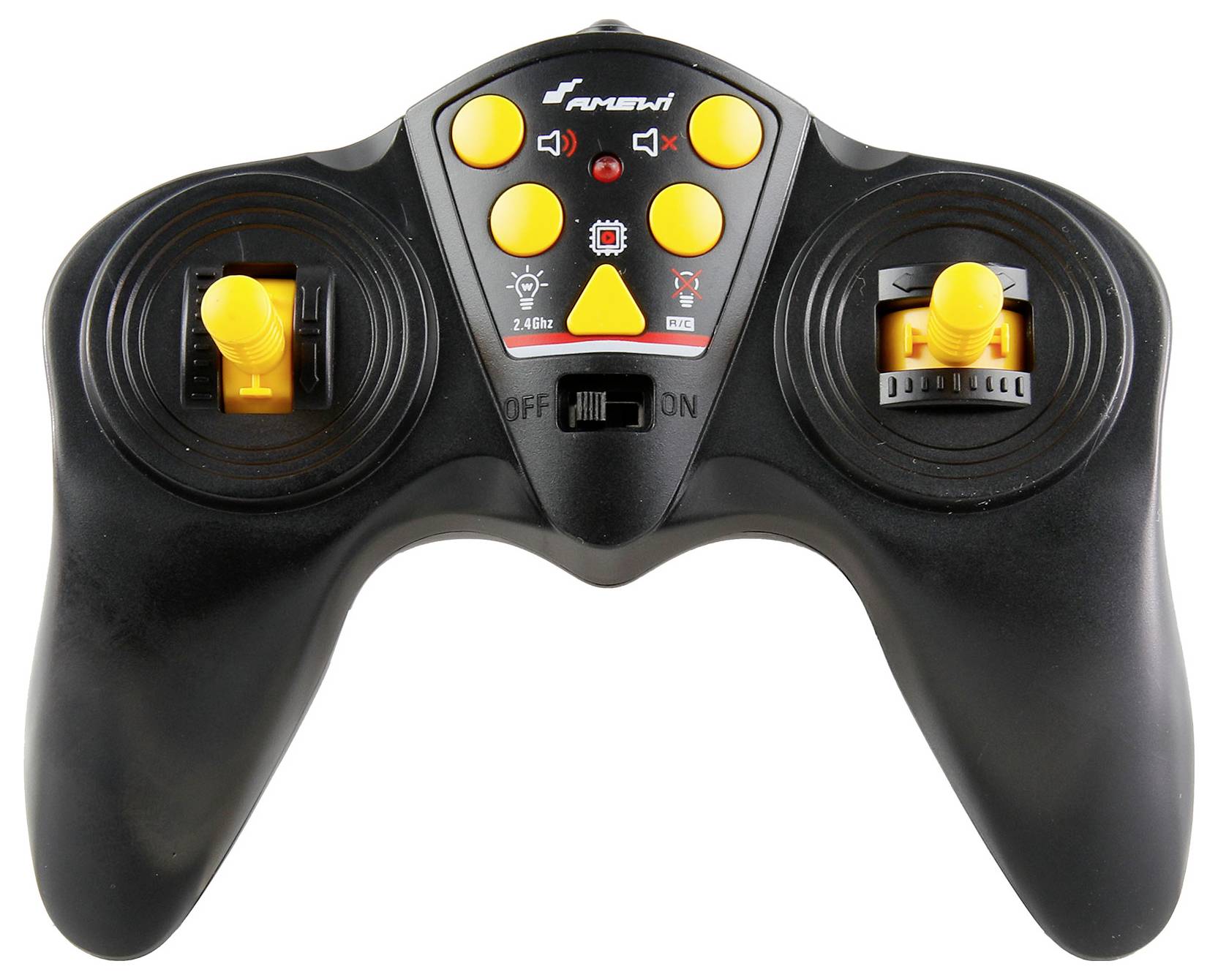Een zwarte afstandsbediening met gele joysticks en knoppen, vooraanzicht.
