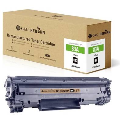 Zwarte tonerpatroon met verpakking. Opschrift: 'Compatibel met HP 83A, 1 verpakking, 1.500 pagina's'. Merk: G&G Reborn.