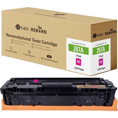 Tonercartridge voor HP, Model 207A, Magenta, 1.250 pagina's capaciteit. Verpakking toont G&G Reborn branding en recycling-instructies.