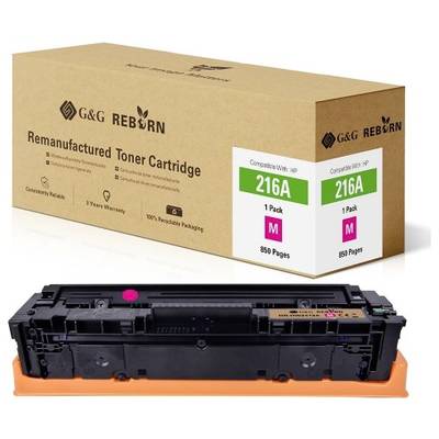 Tonercartridge en verpakking 'G&G Reborn Gereviseerde Tonercartridge', compatibel met HP, Model 216A, Magenta, voor 850 pagina's.