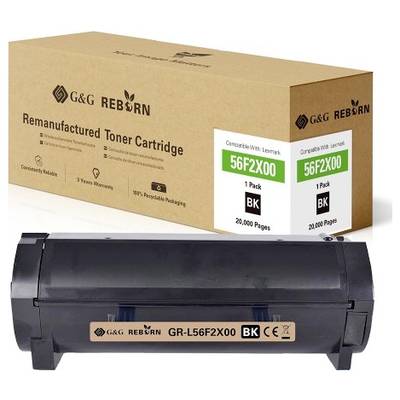 Gereviseerde tonercartridge van G&G Reborn in een doos. Compatibel met Lexmark 56F2X00, drukt 20.000 pagina's in het zwart.