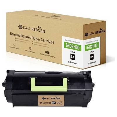 De afbeelding toont een gerecyclede tonercartridge van G&G Reborn met modelnummer 62D2H00. De verpakking belooft 25.000 pagina's.