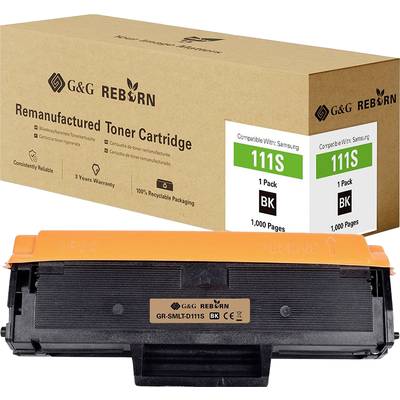 Kartonnen verpakking en zwarte tonerpatroon. Op de verpakking staat 'Remanufactured Toner Cartridge', compatibel met Samsung 111S.
