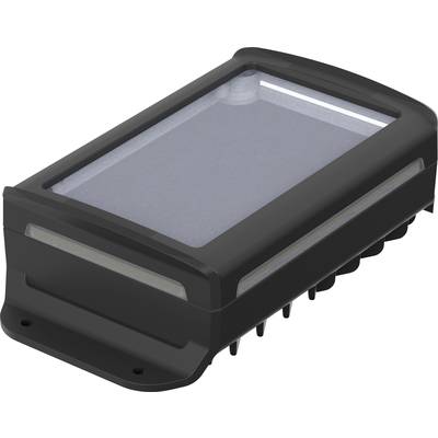 Een rechthoekig, zwart elektronisch apparaat met een transparante bovenkant en zijdelingse groeven voor ventilatie of bevestiging.
