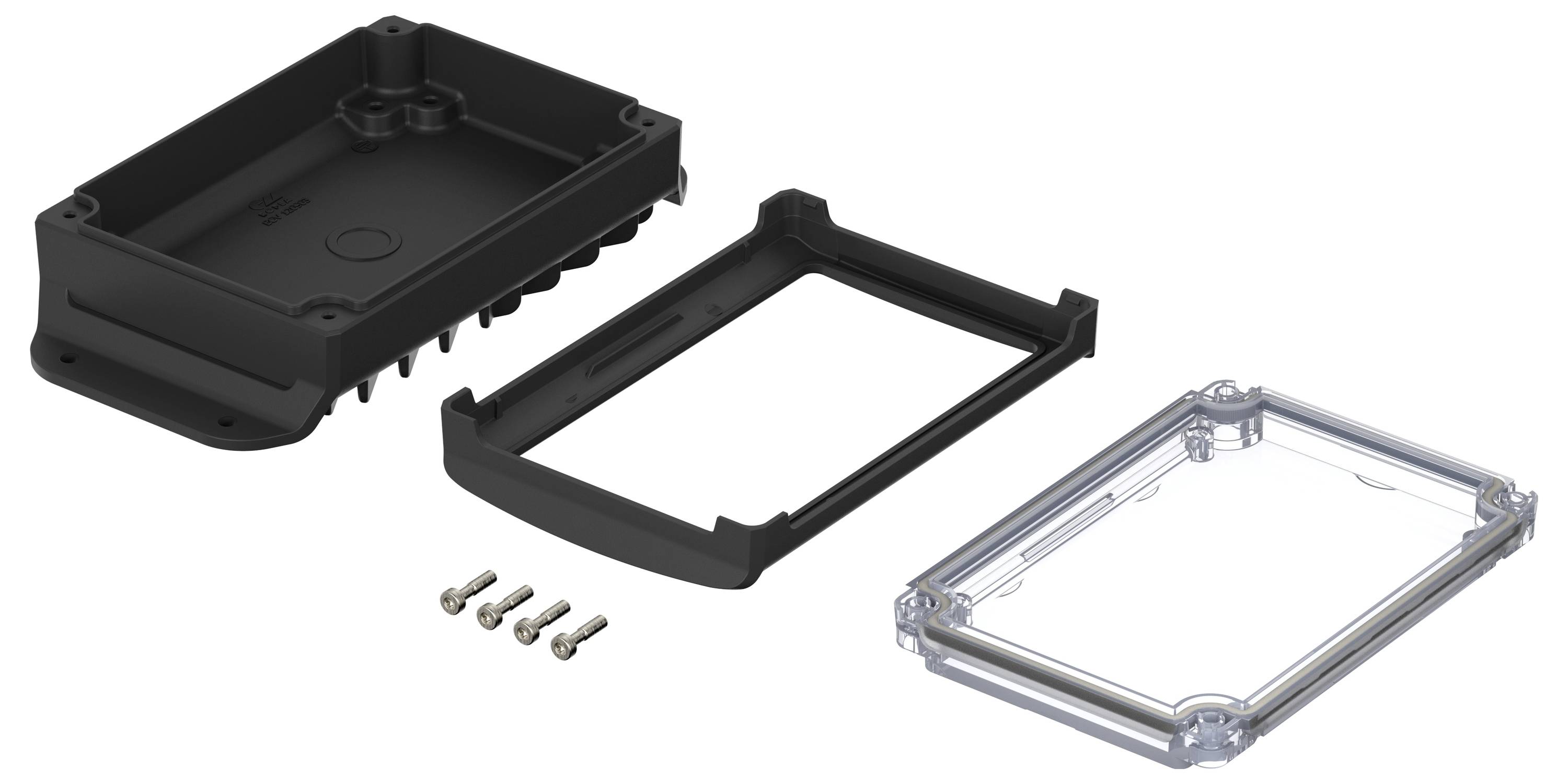 Elektronische behuizing in onderdelen: zwarte basis, middenframe, transparante afdekking, vier schroeven.