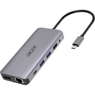 Een grijze laptop-dockingadapter met USB-C-kabel, meerdere USB-poorten, HDMI- en Ethernet-aansluitingen. Merknaam zichtbaar.