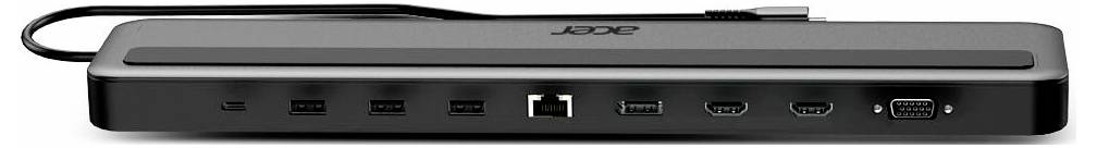 Zwarte laptopdockingstation met meerdere aansluitingen: USB, HDMI, DisplayPort en Ethernet, van Acer.