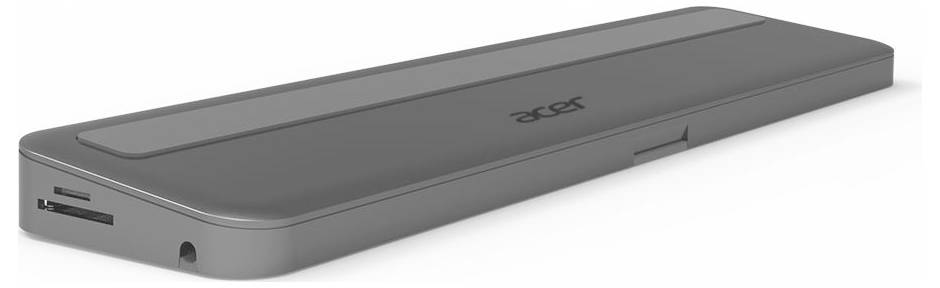 Een zilverkleurig, rechthoekig dock met 'Acer'-logo, toont aan de zijkant aansluitingen voor verschillende verbindingen.