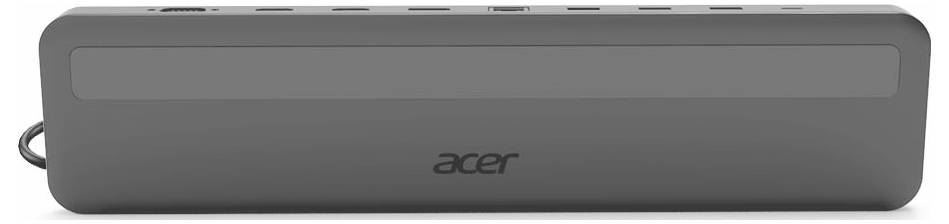Grijze Acer-dockingstation met meerdere poorten aan de bovenkant, hoofdzakelijk bedoeld voor laptopconnectiviteit en -uitbreiding.
