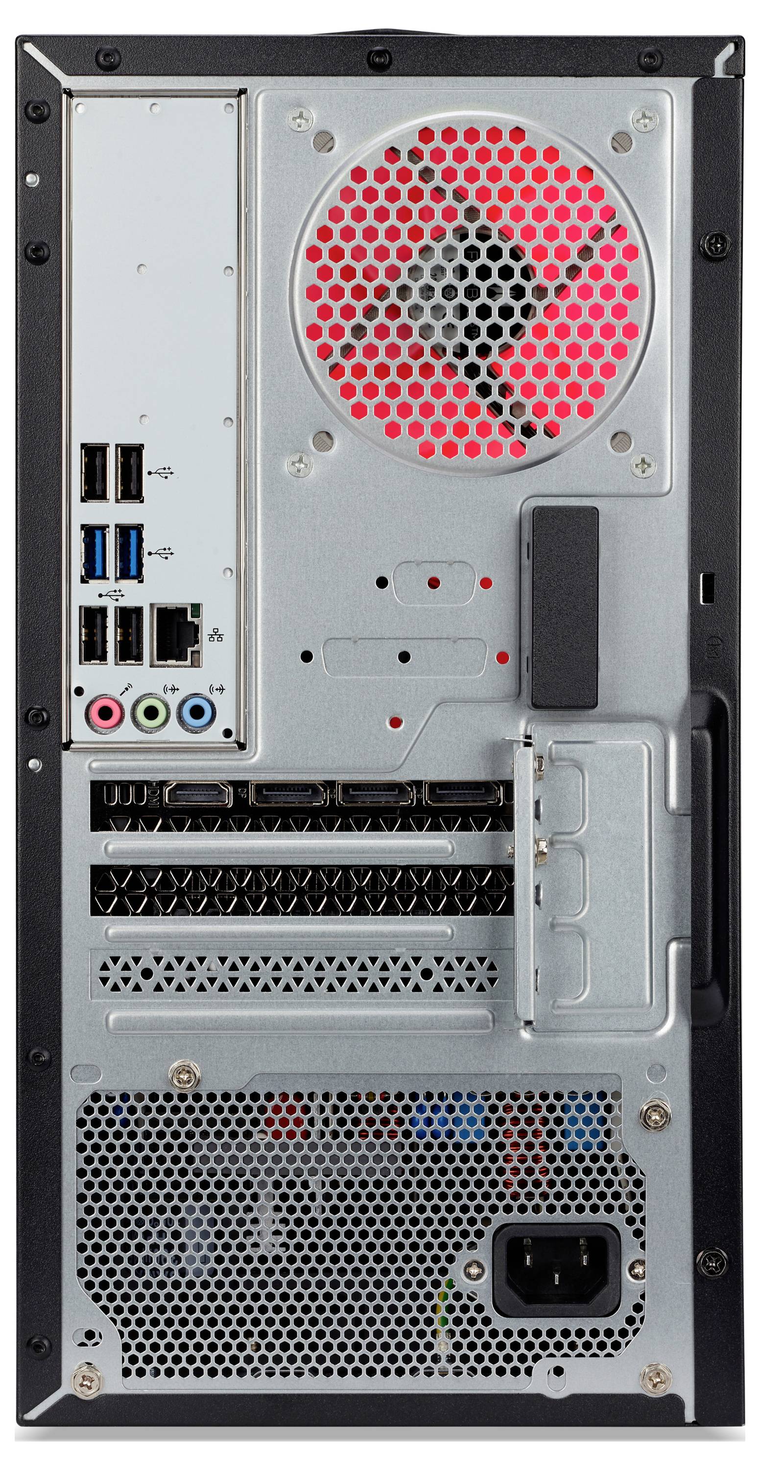 Achterkant van een computerbehuizing met ventilator, uitbreidingssleuven, USB-poorten en audio-aansluitingen.