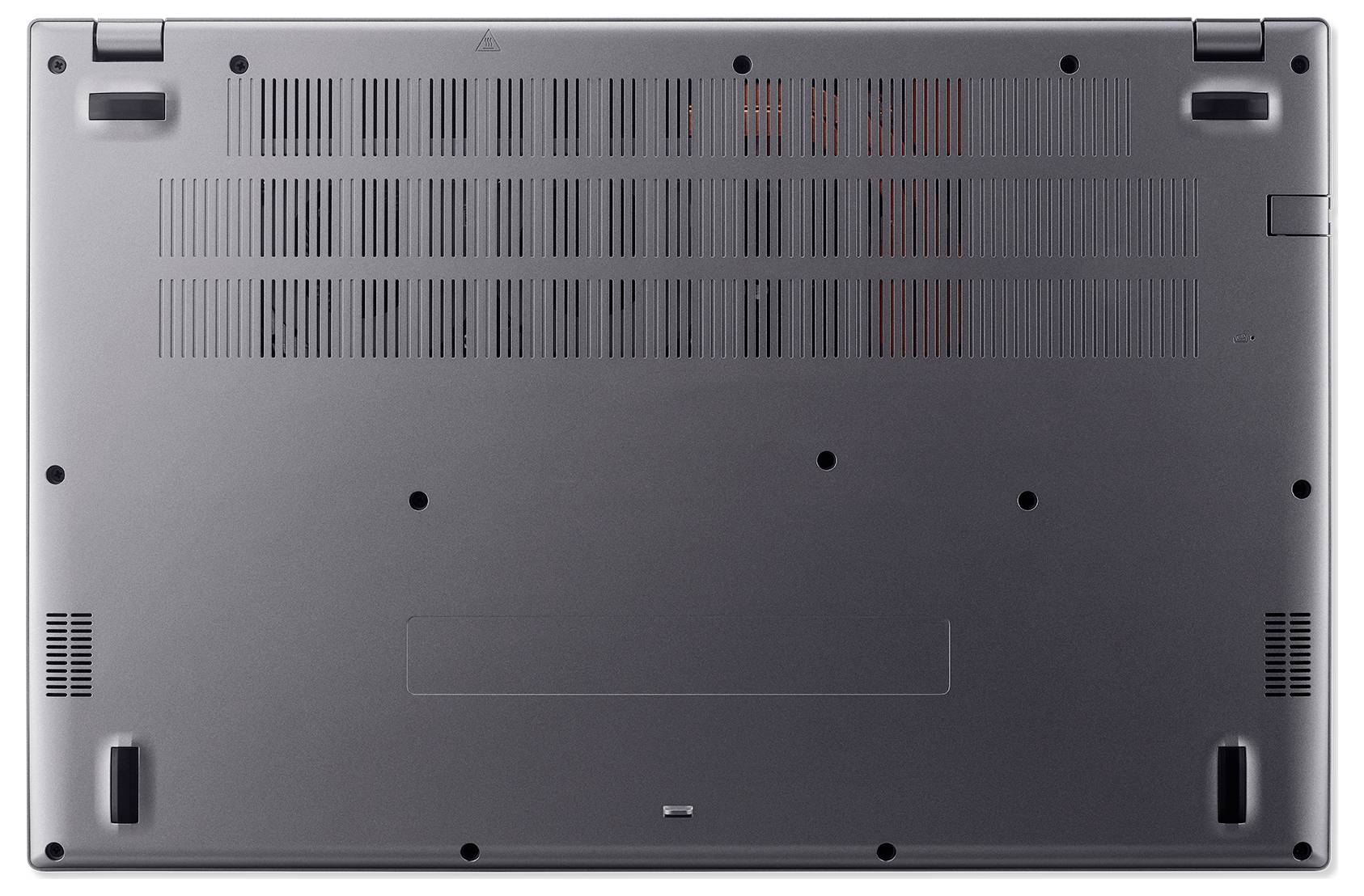 De onderkant van een laptop met meerdere ventilatiesleuven en schroeven die de behuizing vastzetten.