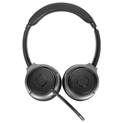 Een zwarte headset met oordopjes en een verstelbare microfoon. Ideaal voor gesprekken of online vergaderingen.