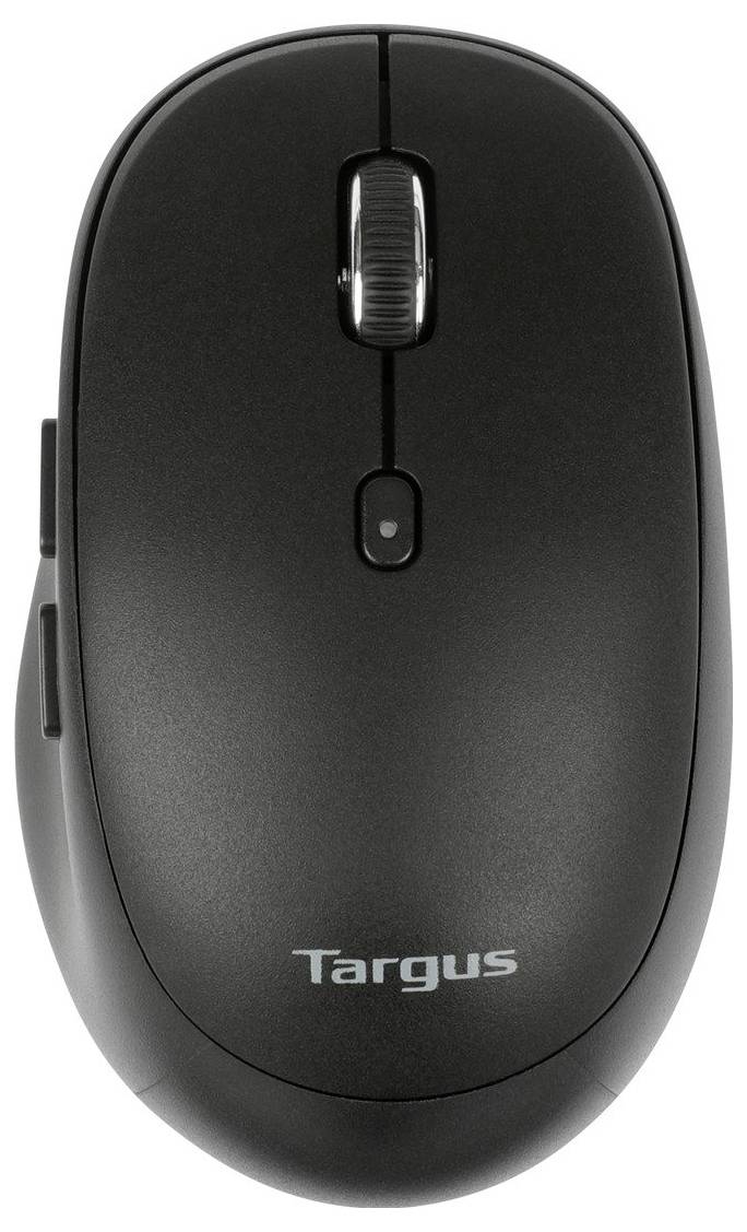 Zwarte draadloze muis bekeken van bovenaf. Hij heeft een scrollwiel en twee zijtoetsen. Op het oppervlak staat 'Targus'.