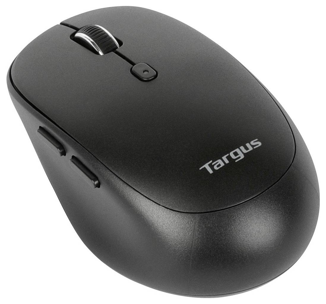 Zwarte draadloze computermuis van het merk Targus met twee knoppen, een scrollwiel en zijtoetsen. Ideaal voor ergonomisch werken.