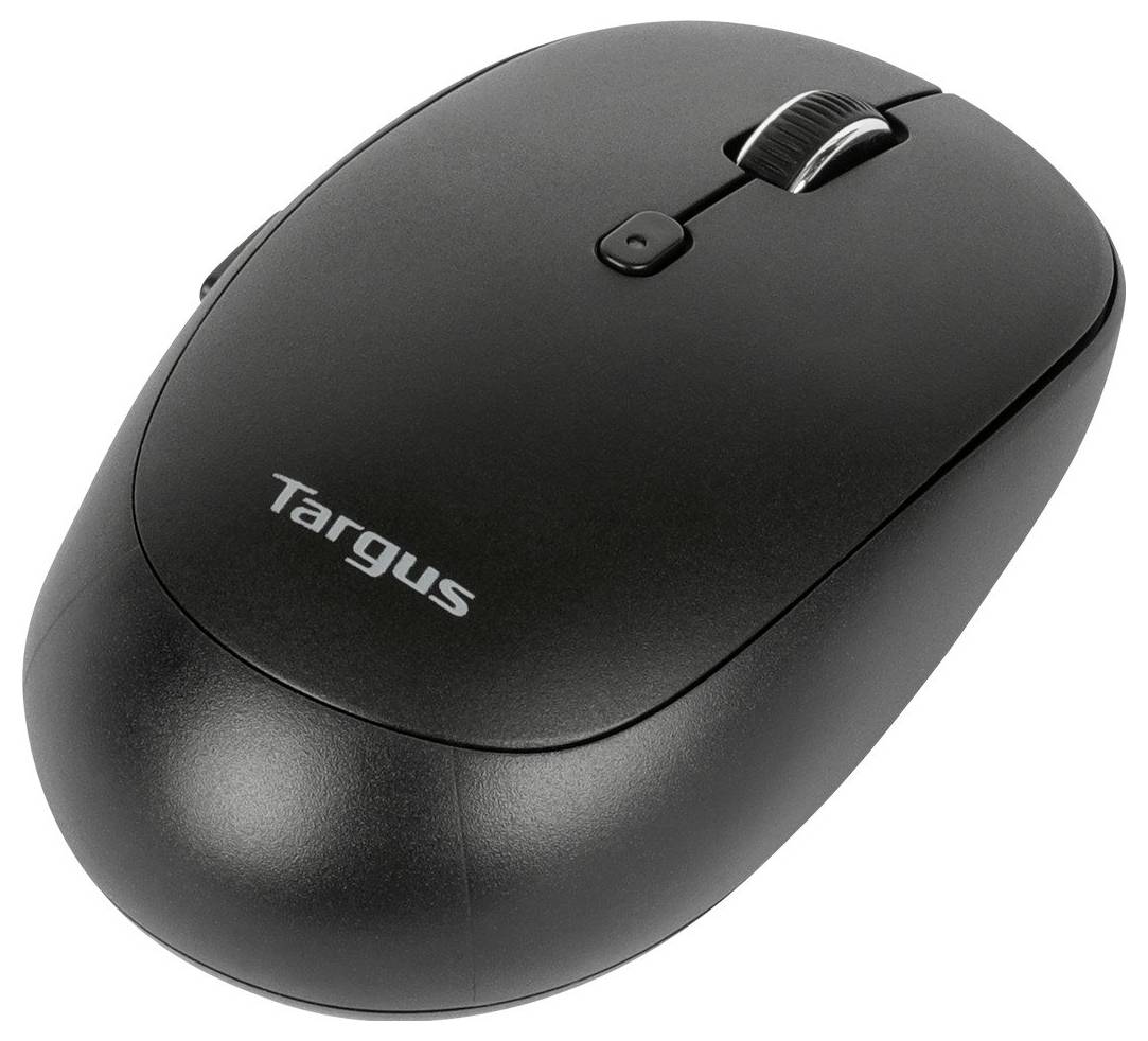 Een zwarte draadloze computermuis met het 'Targus' merklogo aan de bovenkant. Hij heeft een scrollwiel en twee knoppen.