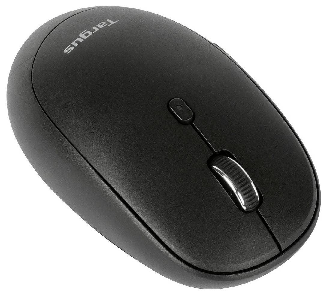 Een zwarte computermuis met een scrollwiel en twee knoppen, tegen een witte achtergrond.