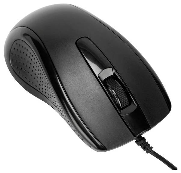 Zwarte bedrade computermuis met scrollwiel, zijdelingse structuur voor betere grip, tegen een witte achtergrond.