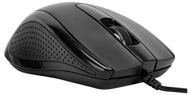 Zwarte bedrade computermuis met scrollwiel, geschikt voor gebruik op het bureau.