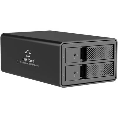 Zwart extern behuizing voor harde schijven met twee 3,5-inch-sleuven, merkenlogo en tekst '3.5 Inch External HDD Enclosure'.