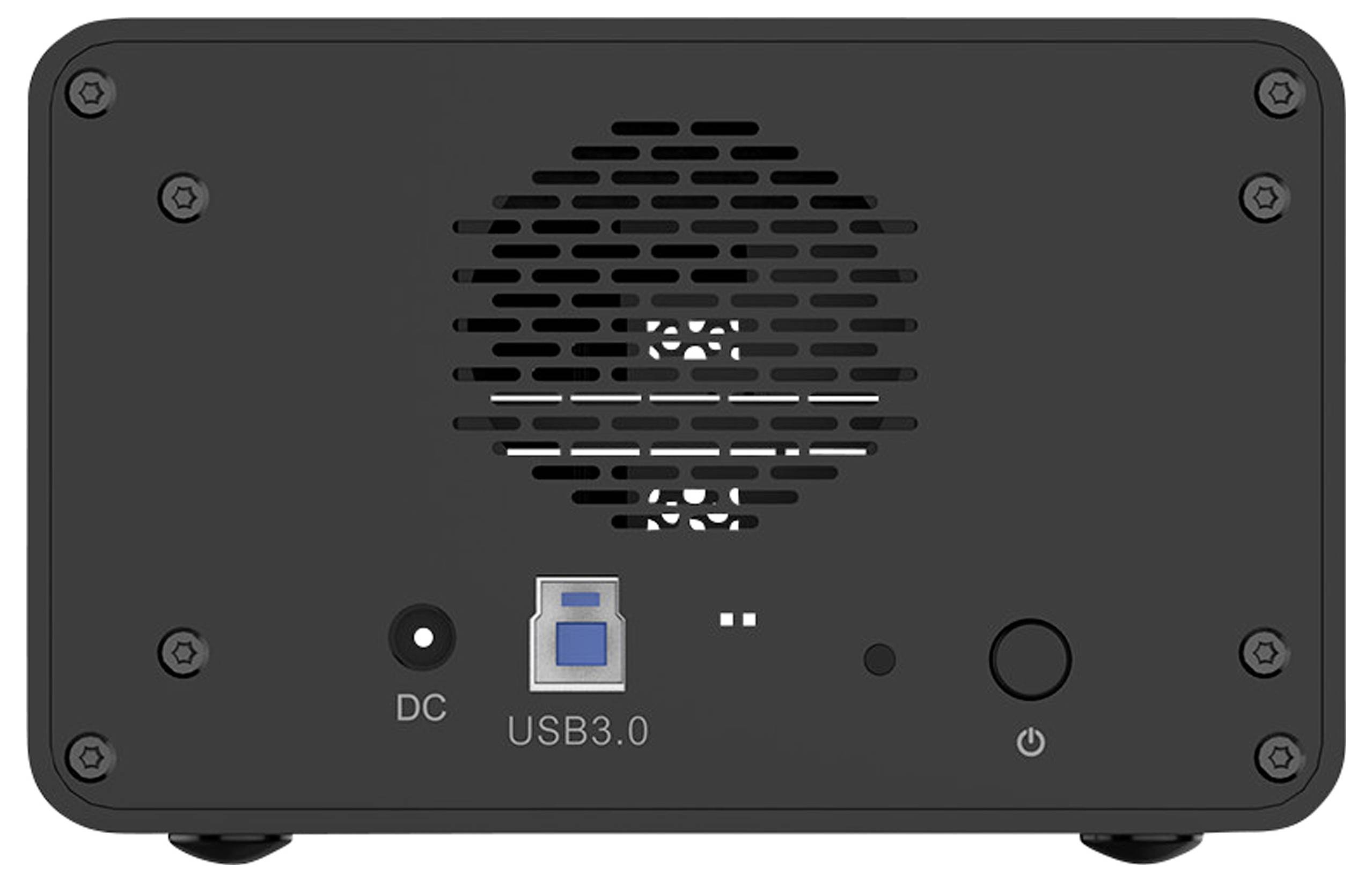 Een zwart elektronisch apparaat met ventilatierooster, netvoedingsaansluiting, USB 3.0-poort en aan-/uitschakelknop.
