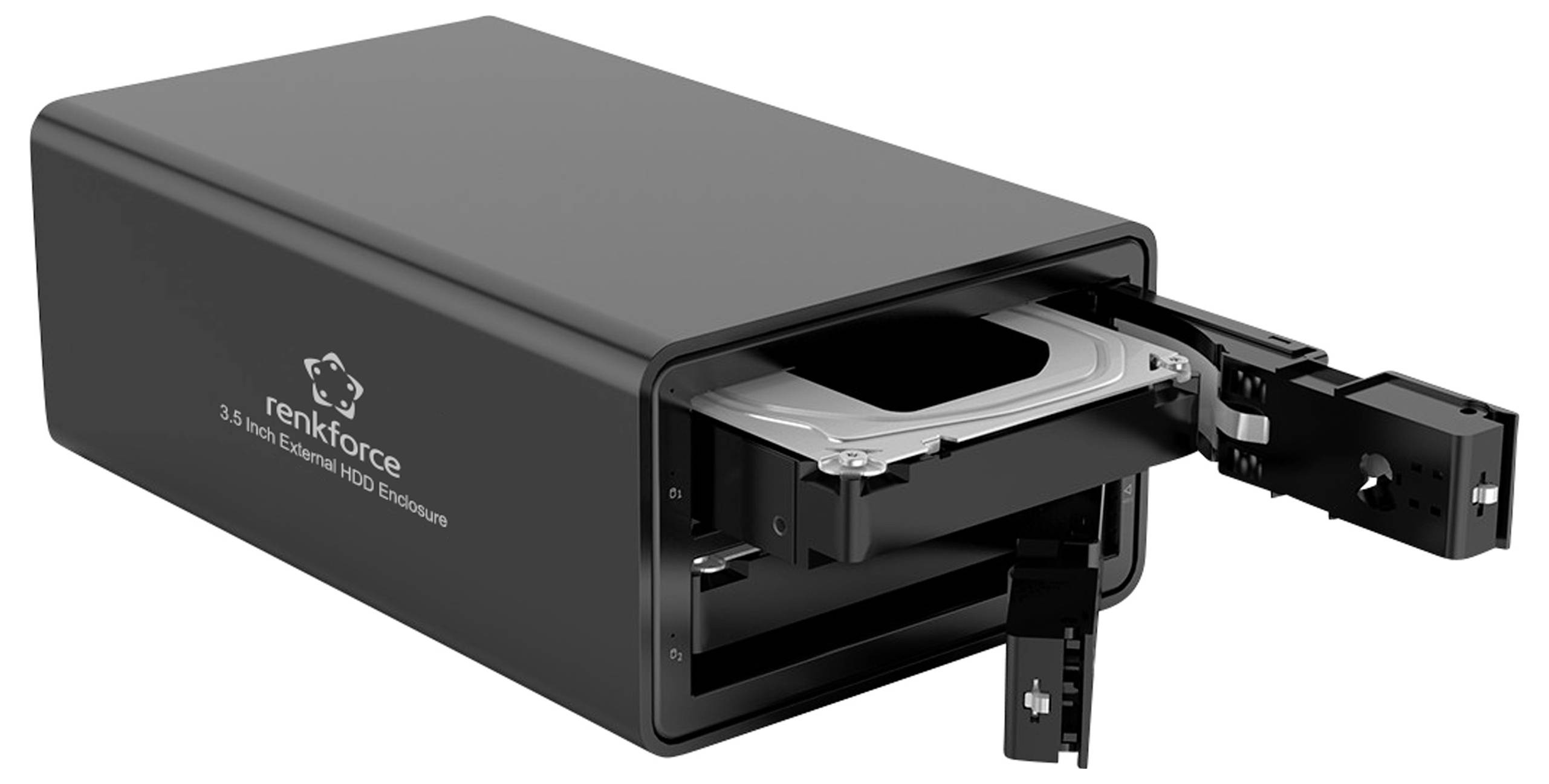 Renkforce 3,5-inch HDD-inbouwbehuizing met open stationslade. Geschikt voor het plaatsen van harde schijven voor verwisseling of opslag.