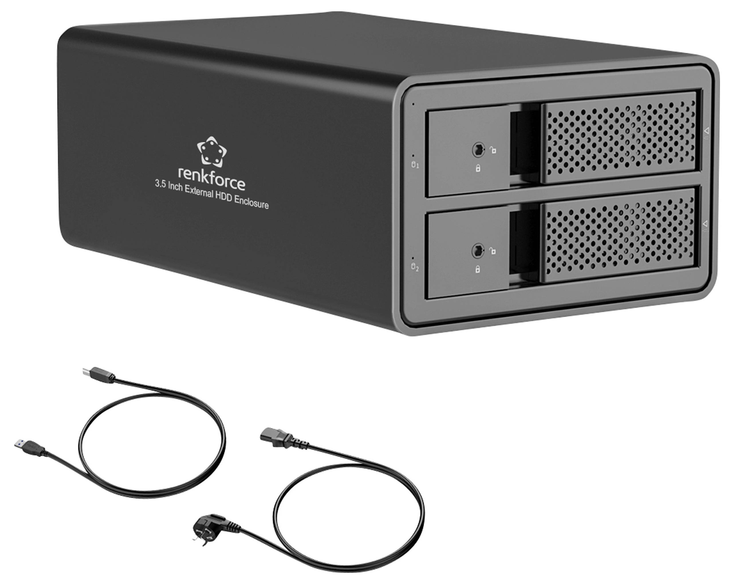 Externe hardeschijfbehuizing van Renkforce voor 3,5-inch HDD's, zwart, met twee slots. Twee USB-kabels zijn eveneens afgebeeld.