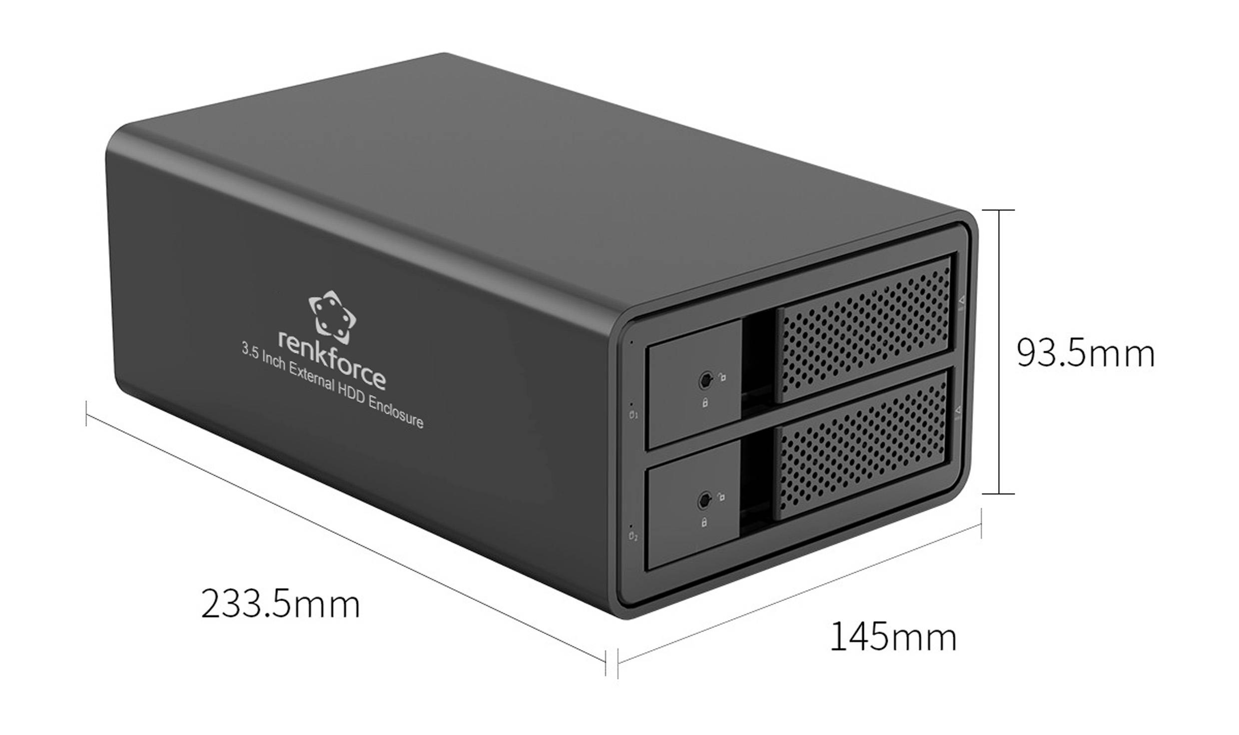 Externe harde schijfbehuizing van Renkforce met afmetingen: breedte 233,5 mm, hoogte 93,5 mm, diepte 145 mm. Twee sleuven voor 3,5-inch harde schijven.
