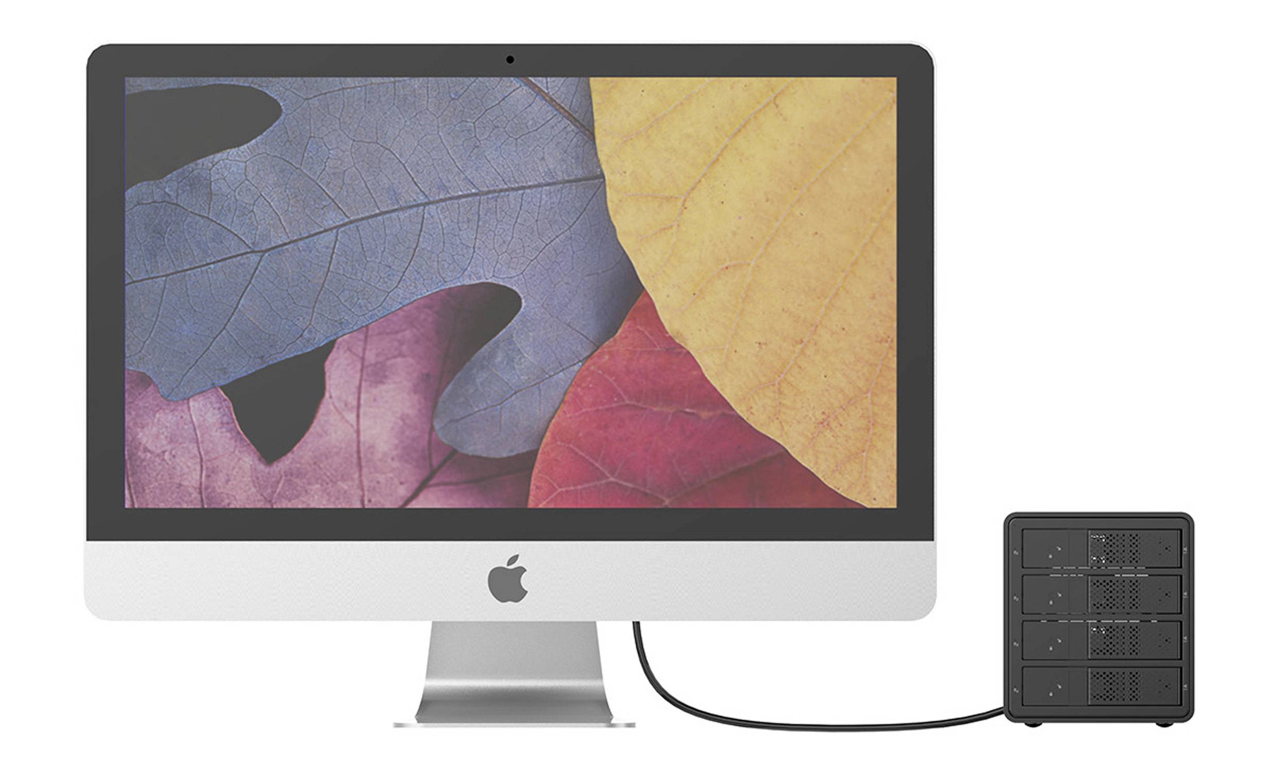 Een computer met een kleurrijke herfstbladeren als achtergrond; daarnaast is een externe harde schijf aangesloten.