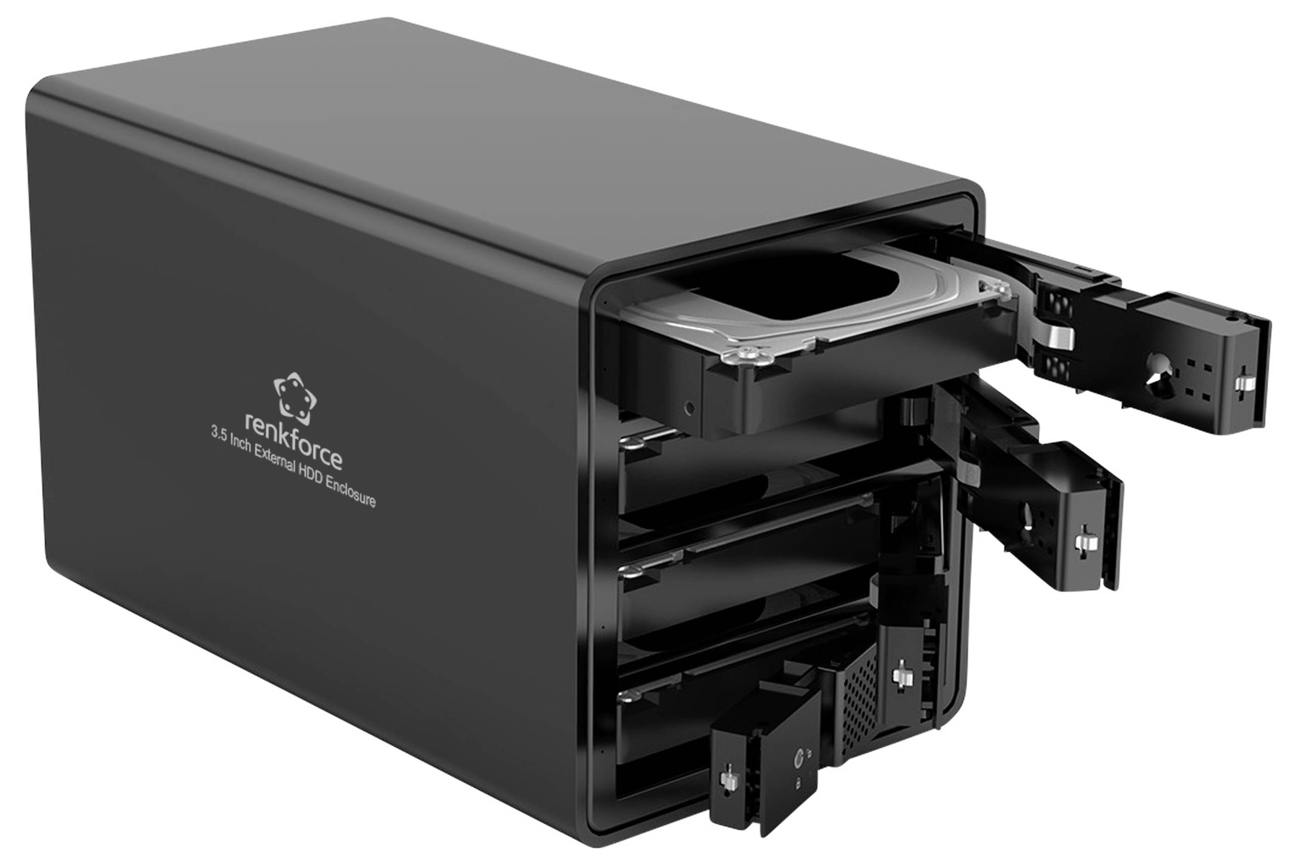 Externe behuizingen voor harde schijven met meerdere insteeksleuven, waarvan sommige open zijn en voorzien zijn van harde schijven.