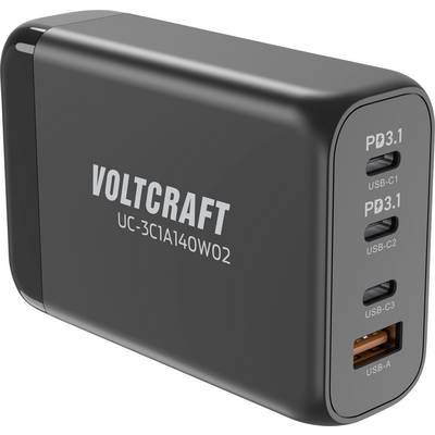 Zwart Voltcraft-oplaadapparaat met vier USB-poorten, waarvan drie USB-C 'PD3.1' en een USB-A. Modelnummer: UC-3C1A140W02.
