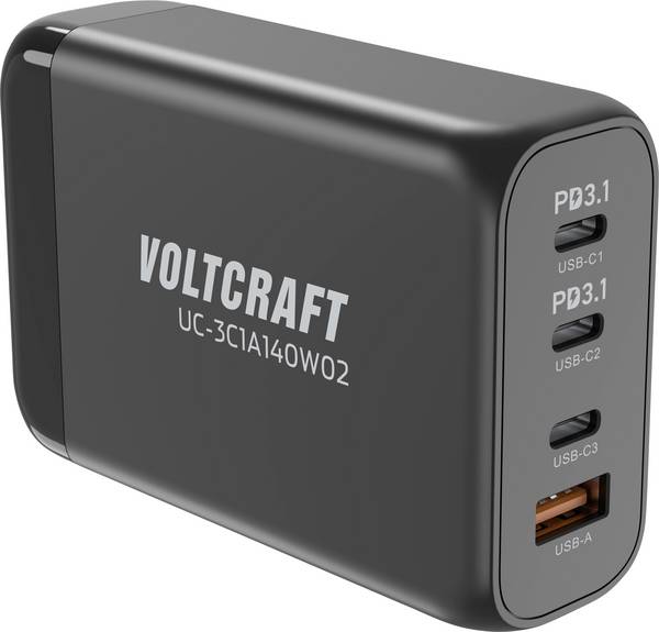 VOLTCRAFT UC-3C1A140W02 USB-oplader 140 W 3x USB-C, 1x USB-A Aantal uitgangen: 4 x GaN, USB Power Delivery (USB-PD), Snellader