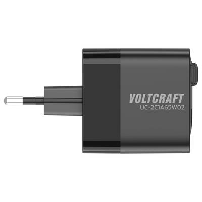 Compacte zwarte oplader van Voltcraft, model UC-2C1A65W02, met een Euro-stekker voor snel opladen.