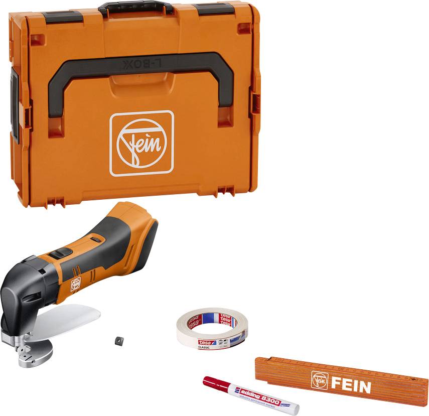 'MultiMaster van Fein met kunststof koffer, schuurpapier, plakband en pen. Perfect voor veelzijdige renovatiewerkzaamheden.'