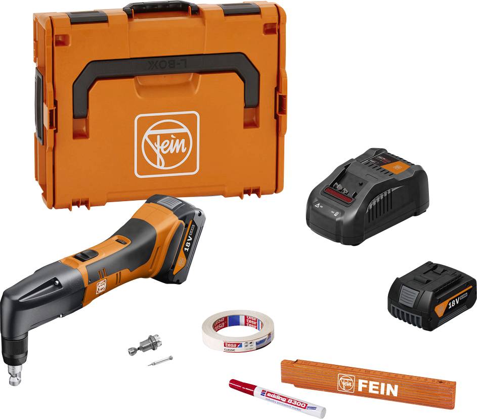 Multimaster-set van Fein: oranje gereedschapskist, oscillerend multifunctioneel gereedschap, accu, oplader, toebehoren.