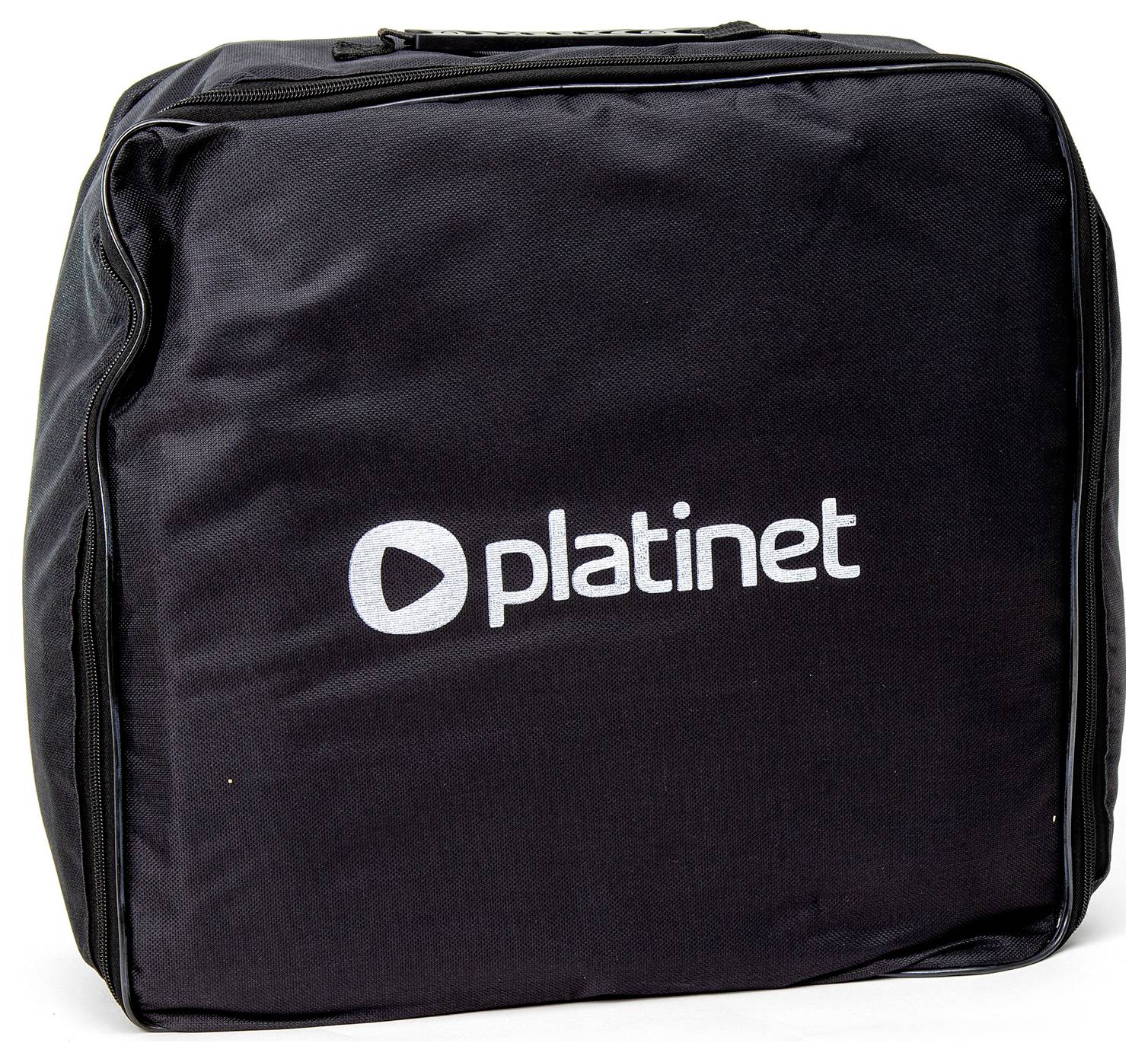 Zwarte tas met wit 'platinet'-logo, vierkante vorm, rits aan de zijkant.