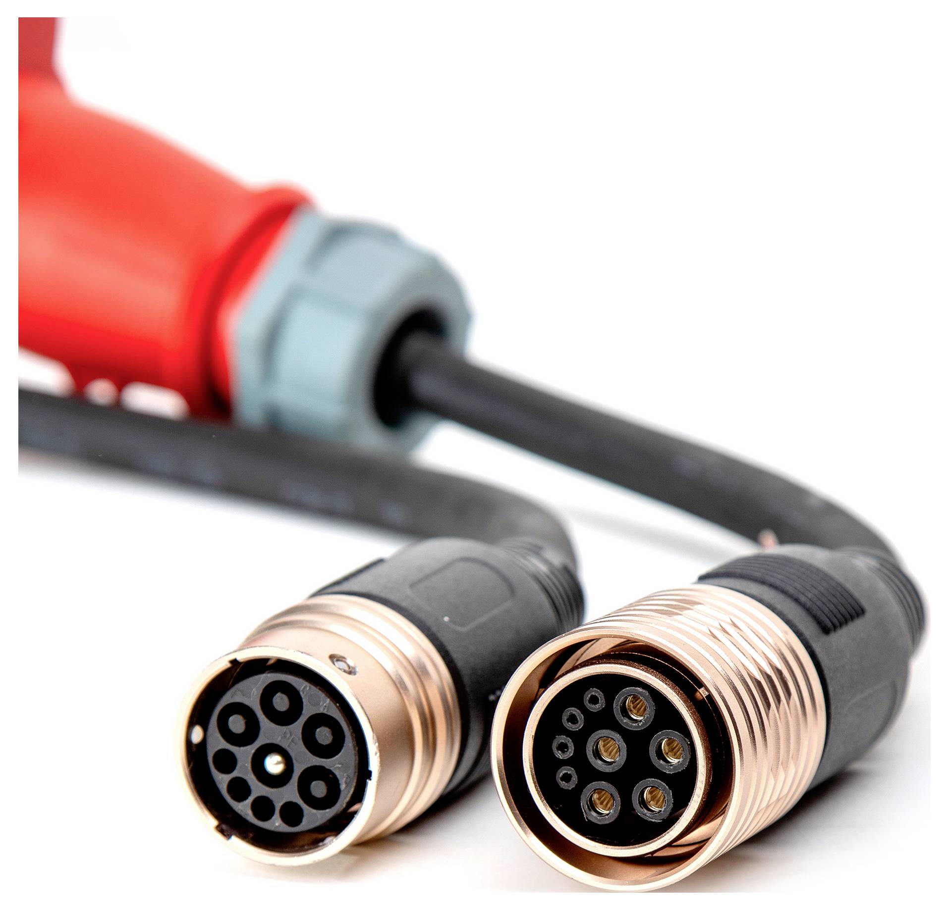 Twee ronde connectoren met meerdere pinnen. Een connector is rood en blauw, de andere is zwart en brons. Achtergrond wazig.