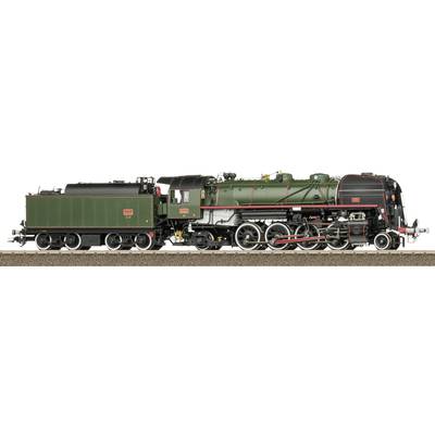 Groene stoomlocomotief met zwarte ketel en rood onderstel op een spoor. Gedetailleerd vormgegeven, modeltreinuitstraling.
