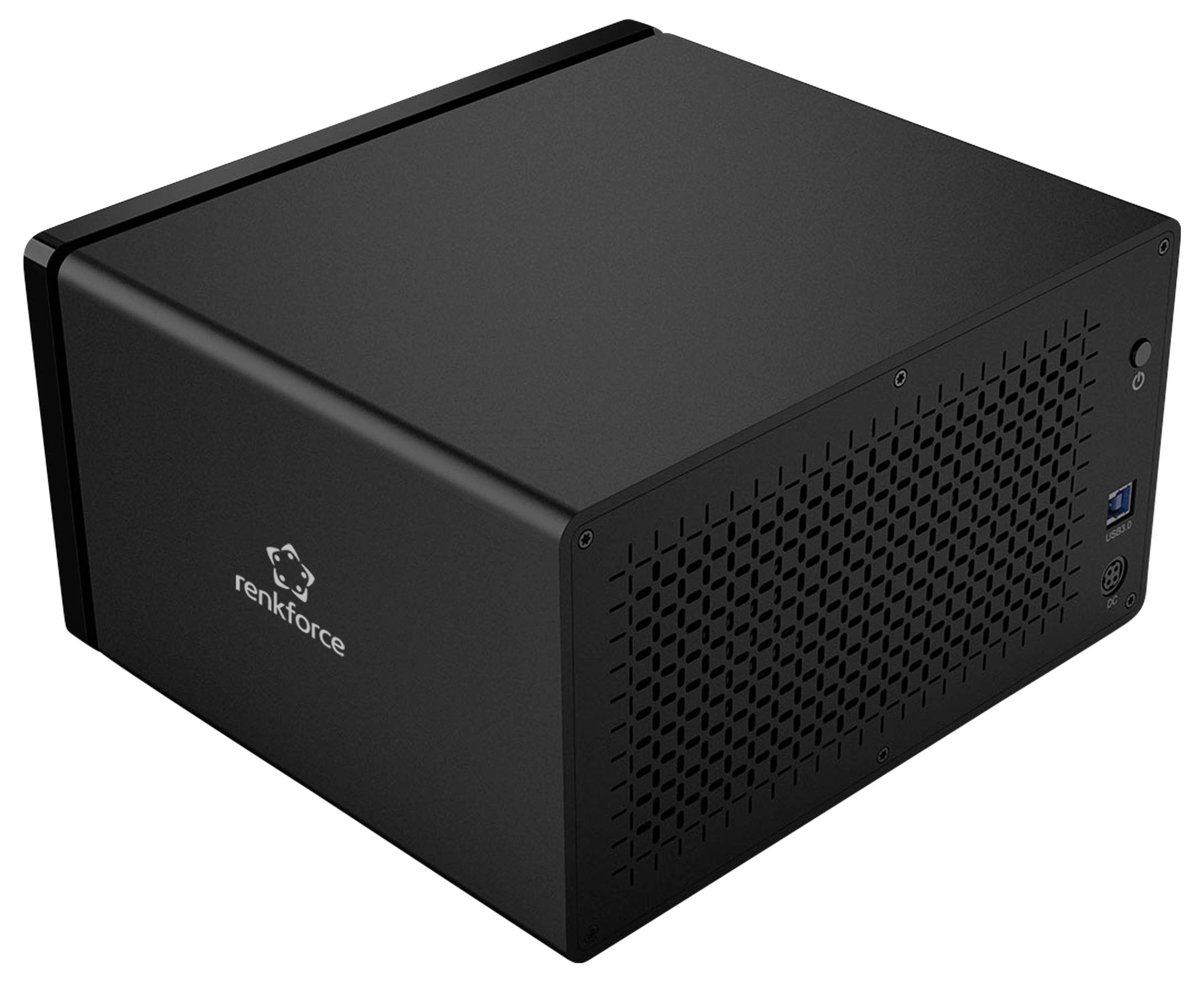 Zwart, rechthoekig computerbehuizing met ventilatierooster en de merknaam 'renkforce'. Geschikt voor Mini-ITX-moederborden.