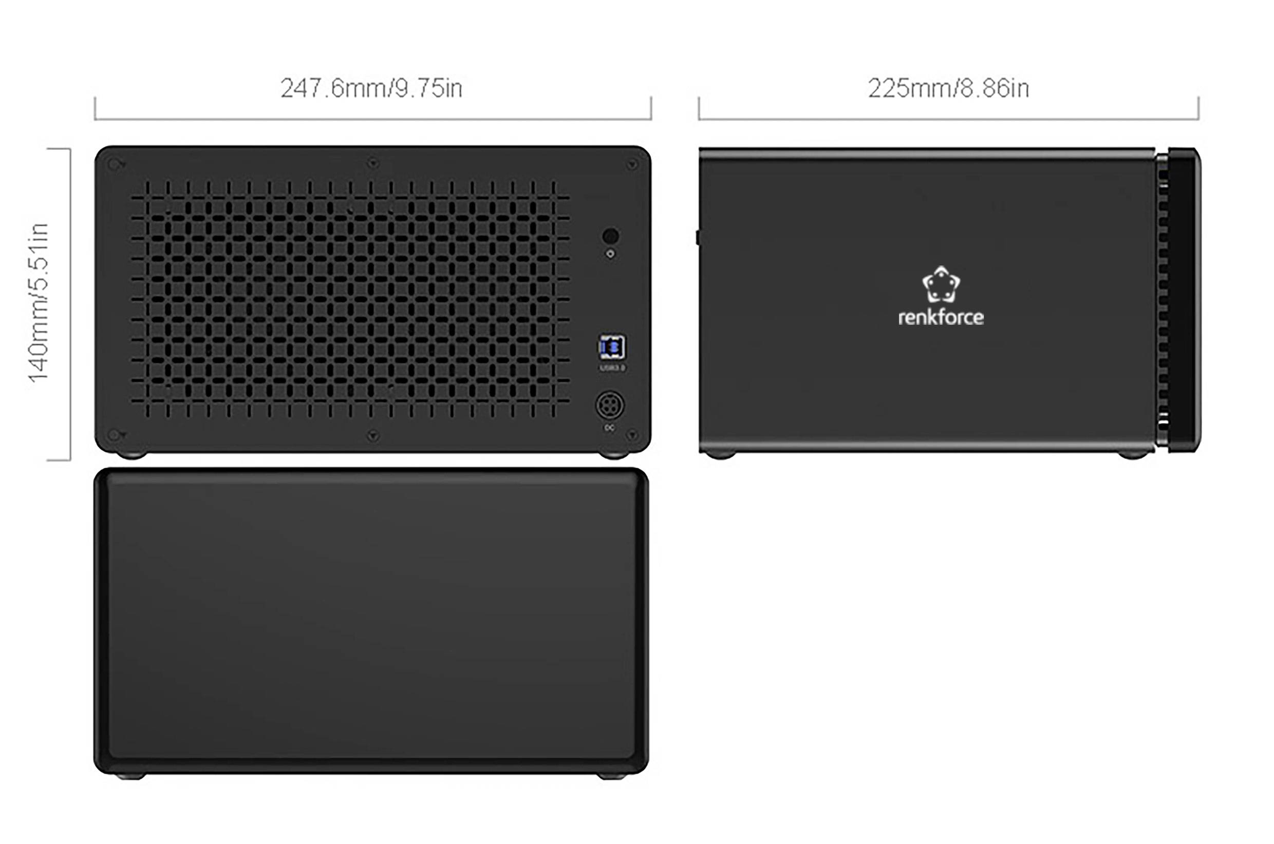 Behuizingsafmetingen: 247,6 mm x 140 mm x 225 mm. Voorzijde toont ventilatierooster en USB-aansluiting, merk 'renkforce'.