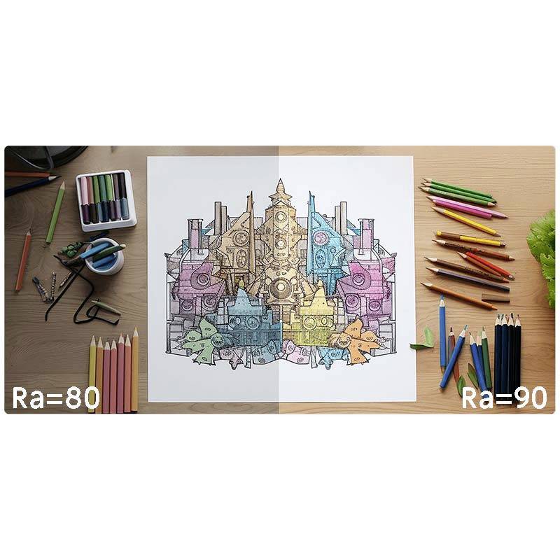 De afbeelding toont een gekleurde tekening, verlicht in twee gebieden: links met een CRI-waarde (Ra) van 80, rechts met een CRI van 90. Rond de tekening liggen gekleurde potloden en een plant.